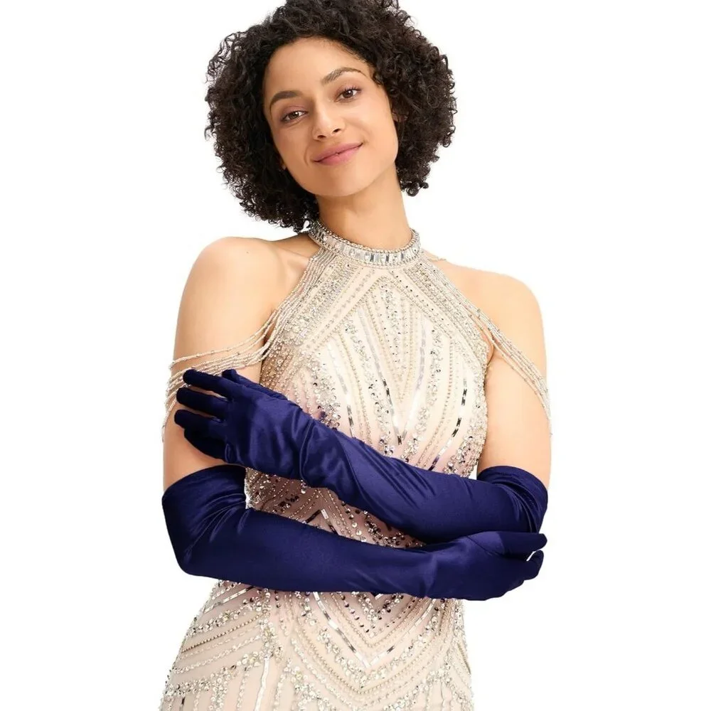 Women's Evening Navy Long Satin Gloves Elbow Length Formal Party Prom Wear